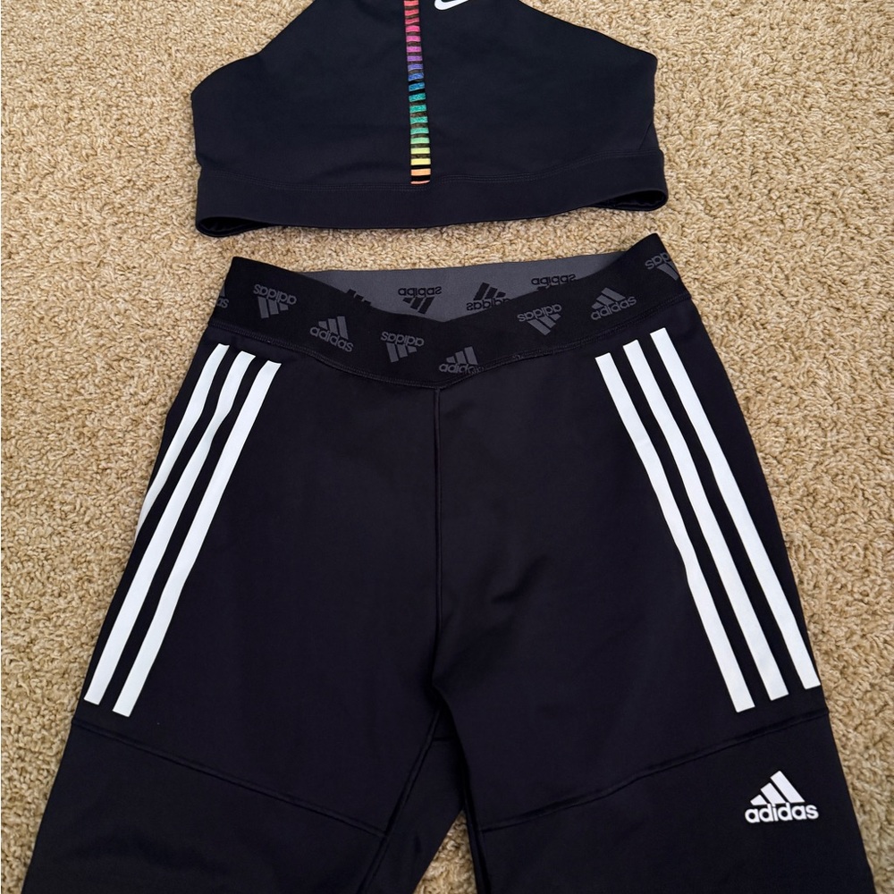 Adidas Black and White short leggings with Iconic Stripes and sports top